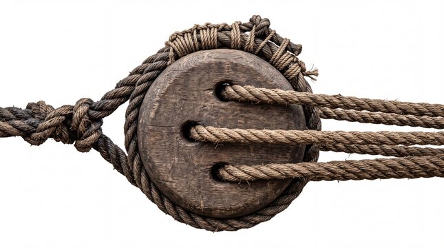 Vintage wooden deadeye and nautical ropes isolated on white background