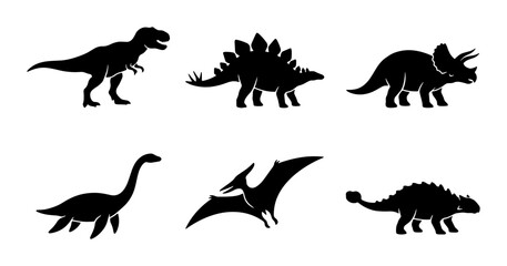 Dinosaur Silhouettes Set: Tyrannosaurus Rex, Stegosaurus, Triceratops, Brontosaurus, Pterodactyl, Ankylosaurus Icons © Toushif
