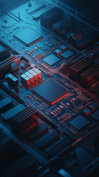 Angle view of electronic computer motherboard circuit board with glowing microchips and hardware components motherboard microchip processor