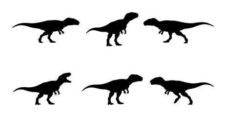 Obraz premium Six Tyrannosaurus Rex Silhouettes, Dinosaur Vector Icons, Prehistoric Creature Graphics