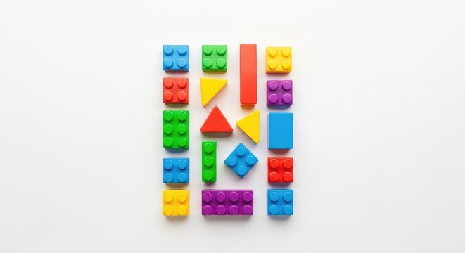 Colorful interlocking plastic building blocks and geometric shapes arranged in a flat lay composition on a white surface with copy space, preschool, colorful, overhead