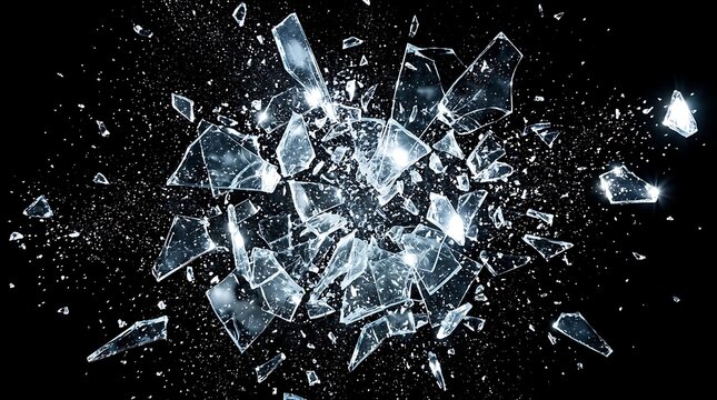 Shattered glass fragments flying on black, broken window shards exploding in slow motion, sharp debris splashing in dark space, dramatic destruction of transparent surface