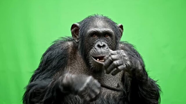 Chimpanzee Expressing Emotions Against a Vibrant Green Background.