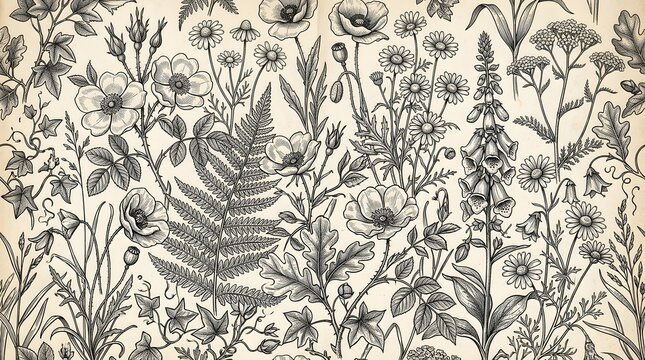 Vintage botanical seamless pattern with hand drawn meadow flowers and fern leaves.
