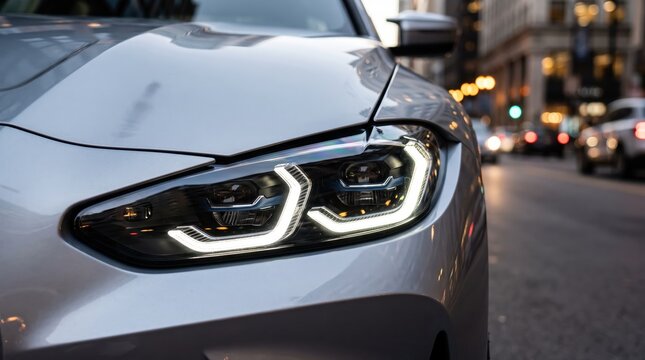 Close up detail of modern silver car headlight with LED daytime running lights illuminated on city street at dusk, showcasing automotive design, vehicle lighting technology