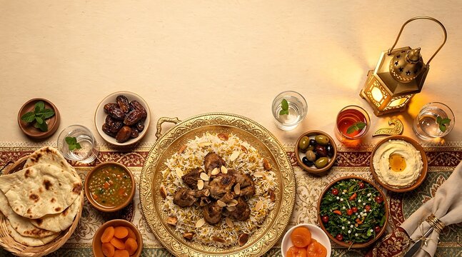 Traditional Arabic Iftar Feast with Mandi Rice, Hummus, Dates, and Lantern on Table with Copy Space