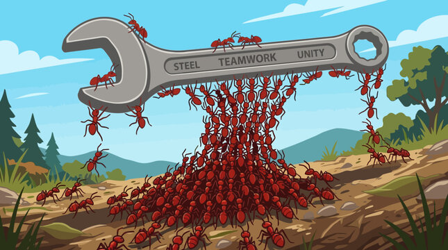 Colony of red ants working together to lift a heavy steel wrench in a forest landscape