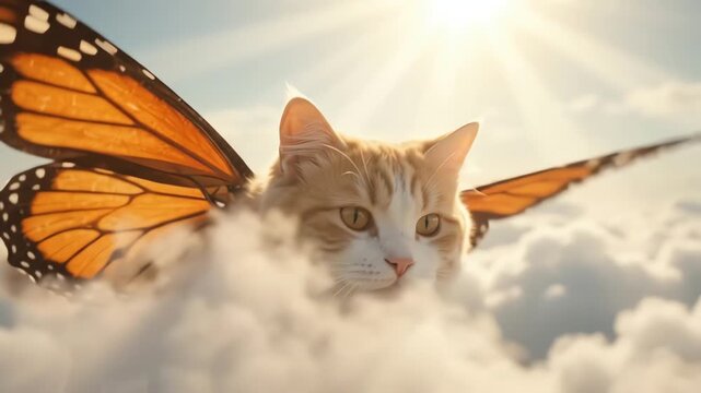 A surreal ginger cat with monarch butterfly wings flying through fluffy white clouds in the bright sky.