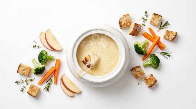 Delicious cheese fondue served in a white pot with fresh vegetables and bread.
