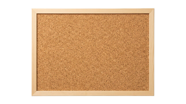 Corkboard pinboard photo. Brown textured cork surface inside a wooden frame. Empty memo board mockup for notices. Isolated on white background for office announcements and planning strategies