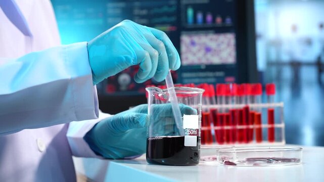 Scientist wearing gloves transfers dark liquid with a pipette into a glass beaker beside rows of blood test tubes in a modern laboratory.