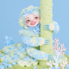 Naklejka premium Cute pastel blue clay sloth hugging tree, playful animal figurine in candy colors, whimsical kawaii toy character, creative handmade diorama decoration