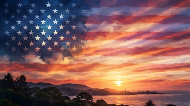 American flag blended with a vibrant sunset over calm waters and silhouetted mountains