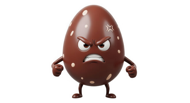 Angry brown chocolate Easter egg character with arms isolated on transparent background