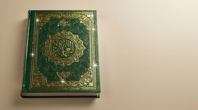 Holy Quran with Green Cover and Golden Arabic Calligraphy Ornaments on Elegant Beige Background