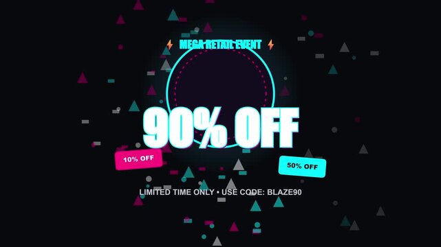 10-90% off sale motion neon graphic for mega retail event