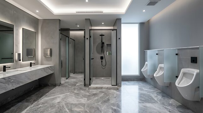 Modern Luxury Public Restroom Interior with Marble Tiles, Urinals, Shower Cabin and Elegant Vanity