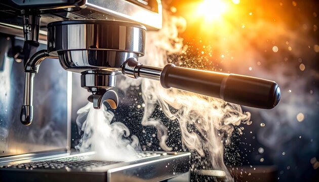 Steam wand purging with powerful steam burst and microfiber cloth on commercial espresso machine in cafe