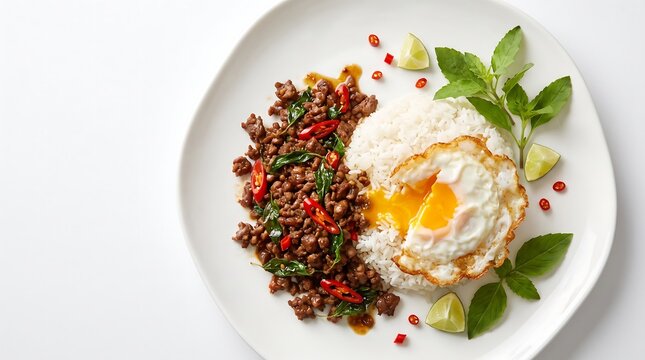 Thai Basil Beef Stir Fry with Fried Egg and Rice.