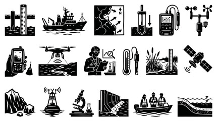 Fototapeta premium Earth Science, Hydrology Environmental Monitoring Black White Glyph Icons Set