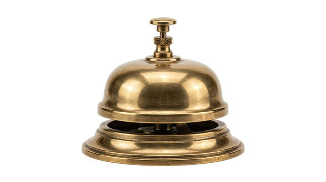 Brass hotel service bell isolated on white background. Shiny metallic reception desk counter buzzer. Vintage hospitality accommodation front desk equipment for customer assistance and check-in