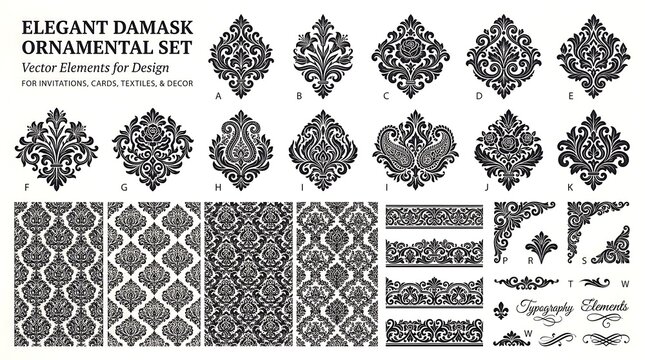 Elegant Damask Ornamental Vector Set with Floral Motifs, Seamless Patterns, Borders, and Corners