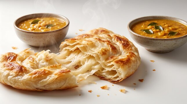 Freshly baked flaky paratha bread served with bowls of hot lentil curry.
