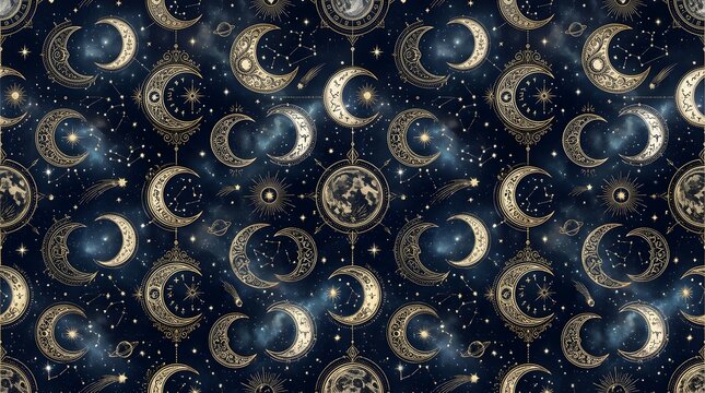 Celestial seamless pattern with mystical moon phases and glowing stars.