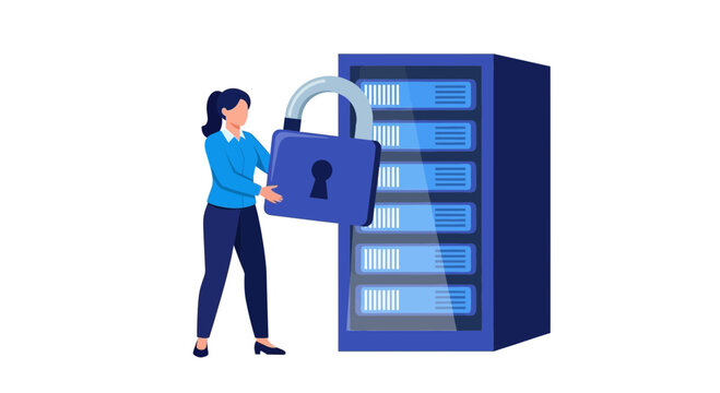 Cybersecurity and Data Protection Concept with Woman IT Professional Securing Server Rack with Padlock