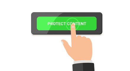 Obraz premium Human Hand Pressing Protect Content Button for Digital Copyright and Intellectual Property Security Illustration