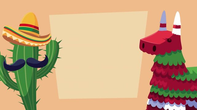 Mexican fiesta celebration background with animated cactus in sombrero and colorful pinata animal motion graphic.