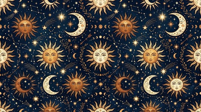 Celestial seamless pattern with sun and moon faces on starry night sky background.