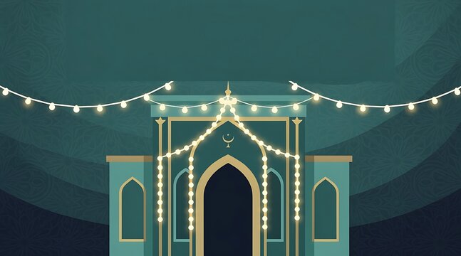 Elegant Islamic Mosque Entrance with Glowing Fairy Lights and Mandala Pattern for Ramadan Background