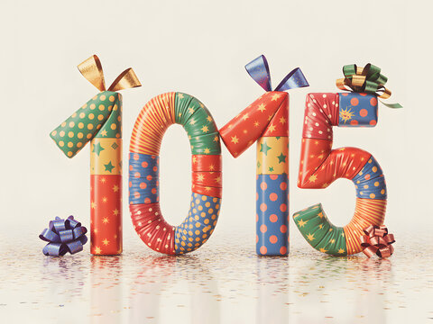 Number 1015 gift wrapped with colorful patterned paper and ribbons on a celebratory surface