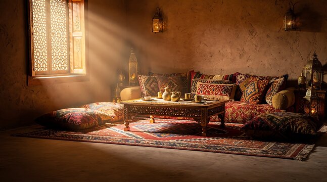 Traditional Arabic Majlis Interior with Warm Sunlight Beams, Ethnic Carpets, and Hanging Lanterns