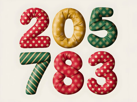 Quilted fabric numbers 2 0 5 7 8 3 in festive holiday patterns with soft studio lighting