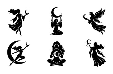 Fototapeta premium Mystical Moon Goddess Silhouettes, Celestial Female Figures, Esoteric Oracle Icons, Witchcraft Vector Set