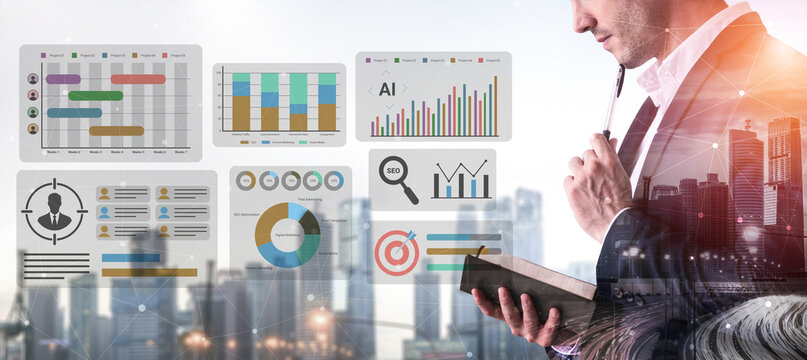A business professional evaluates data visuals and charts amid a modern cityscape, emphasizing analysis and strategy development for informed decision-making. Gantry