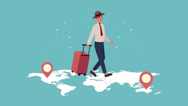 Animated male traveler with hat and luggage walking on world map motion graphic.