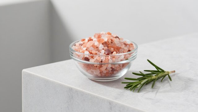 Pink Himalayan Salt in Glass Bowl on Marble Surface with Herb