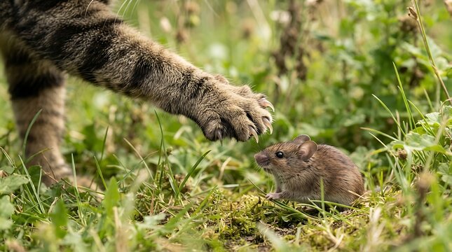 A closeup of a cats paw with sharp claws reaching down towards a small field mouse in the grass