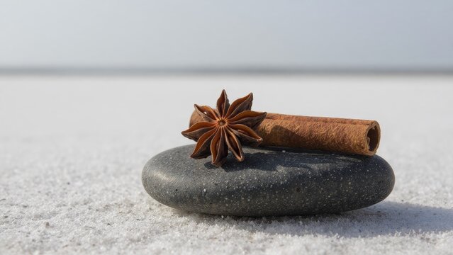 Star Anise and Cinnamon Stick on a Smooth Black Stone