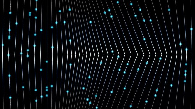 Abstract digital glowing particles moving along futuristic glowing lines on a dark background