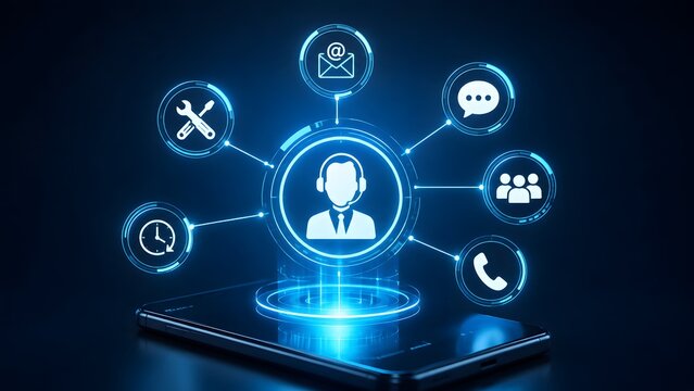 Holographic digital customer service interface on smartphone with glowing icons for support agent chat email and virtual assistant technology concept.
