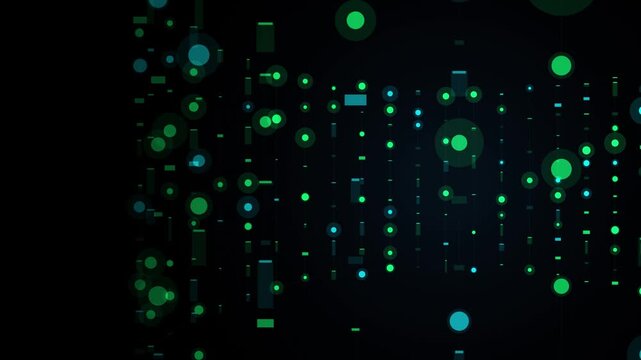 Abstract digital network data flow with glowing green and blue particles and geometric shapes on