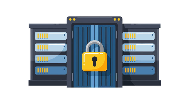 Data Security and Cyber Protection Vector Illustration with Server Racks and Padlock icon for Cloud Computing Privacy