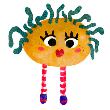 Cute orange creature with green worm hair and striped legs
