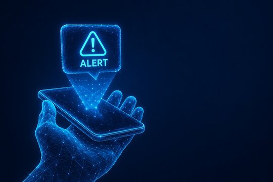 Digital hand holding smartphone with warning alert triangle icon. e-commerce fraud detection mobile phone cyber attack smartphone notification security. e-commerce fraud detection