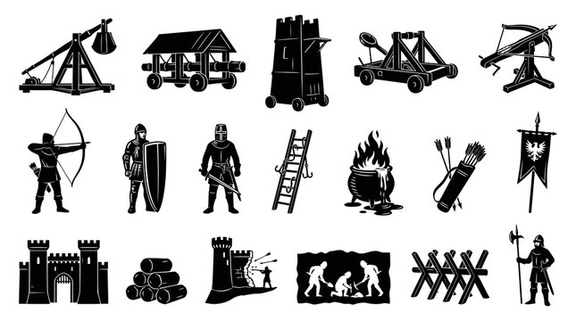 Medieval Warfare Siege Weapons, Knights, and Castle Black  White Silhouette Glyph Icons.