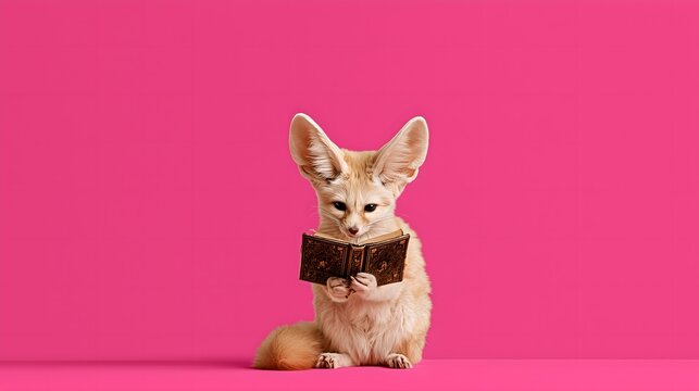 Fennec fox reading a book on a pink background, clever and cute